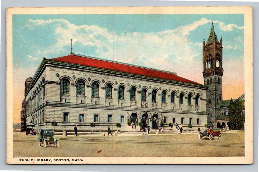 Vintage Boston Public Library Postcard Copley Square Massachusetts Early Autos