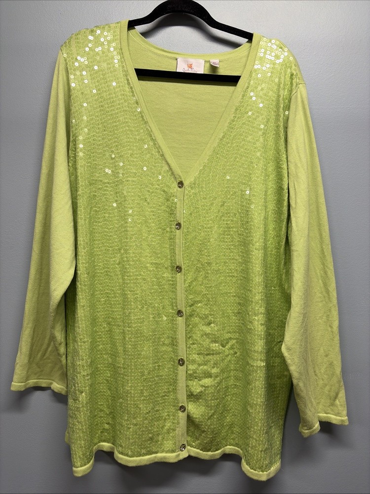 Quacker Factory Cardigan Sweater Women’s Sz 2X Green Sequin Button Front Sparkle