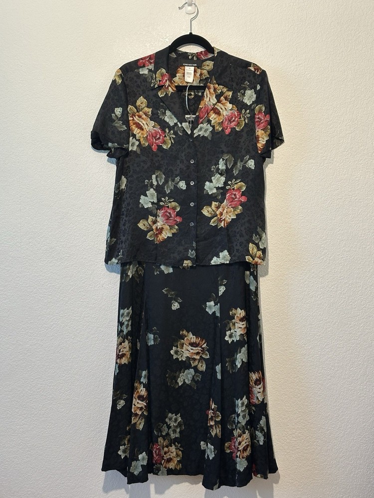 Vtg 90s Y2K Jones  NY Set Silk Black Dark Floral Midi Skirt& Blouse Size 14