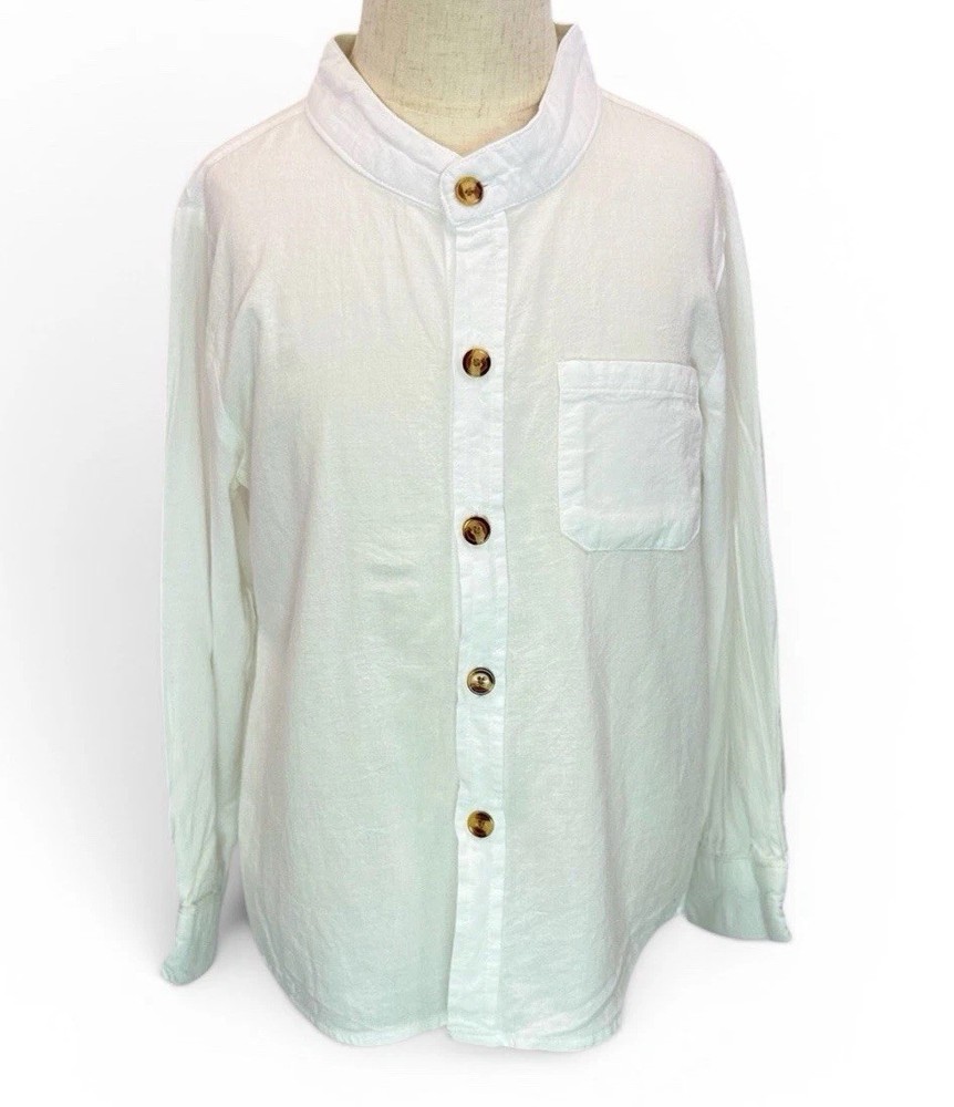Boys Kids White Mandarin Collar Long Sleeve Button Up Shirt Size 5-6