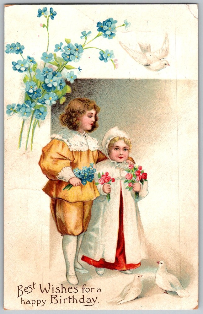 Antique Postcard Children & Doves Illustration Gloversville, NY 1910s