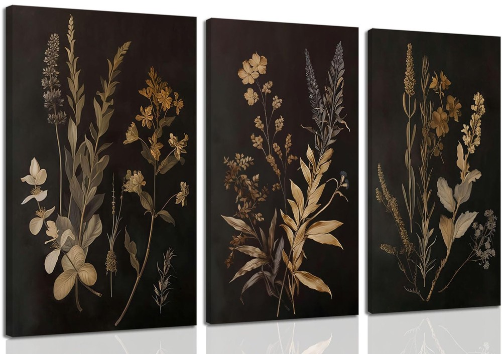 Black Botanical Canvas Wall Art Set of 3 Vintage Floral Art Moody Flower Wall...