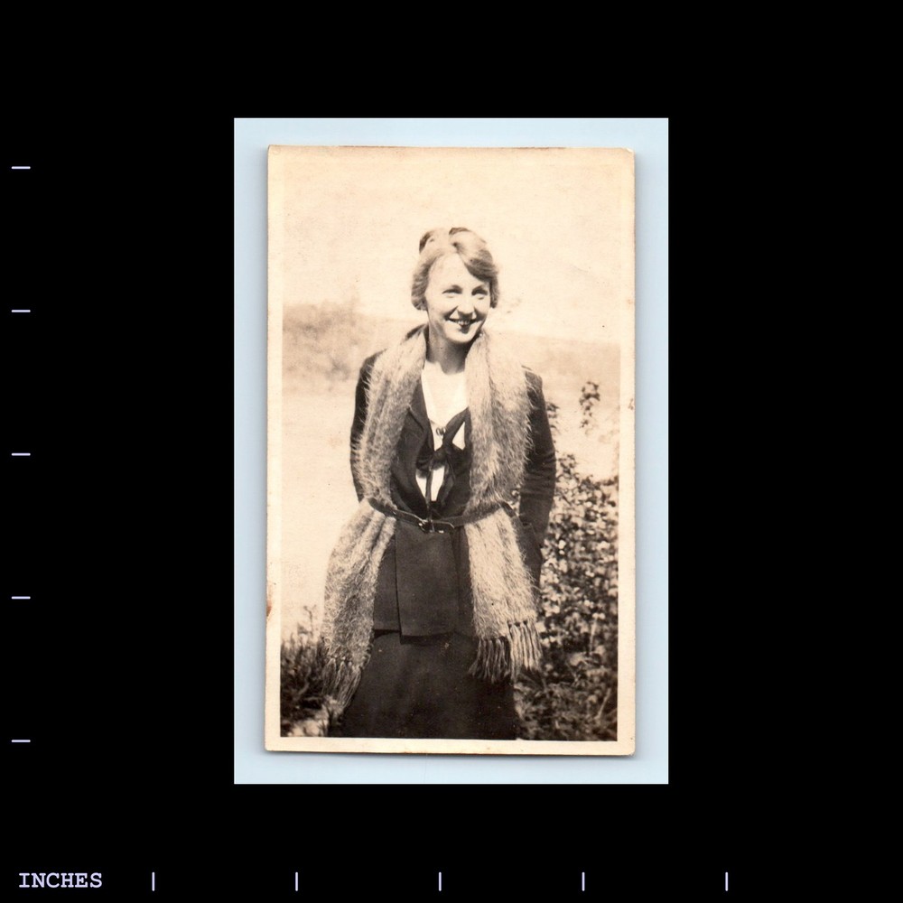 Old Vintage Photo SMILING WOMAN SOLO CANDID PORTRAIT STANDING OUTSIDE