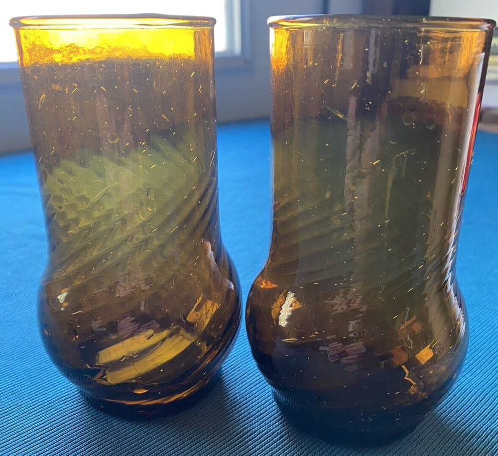 Set of 2 Vintage Amber Drinking Ice Tea Glass Tumbler 5.25