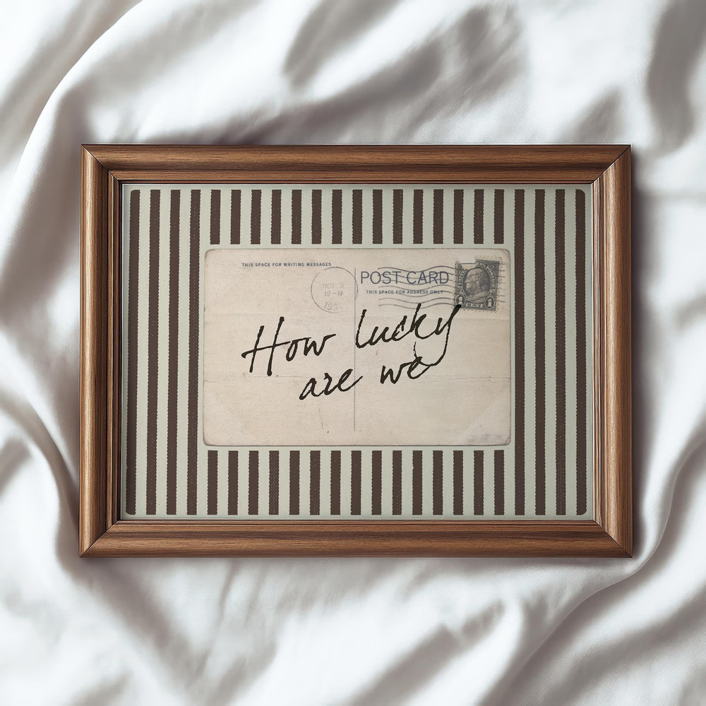 How Lucky Are We Vintage Postcard Print Coquette Brown Wall Art