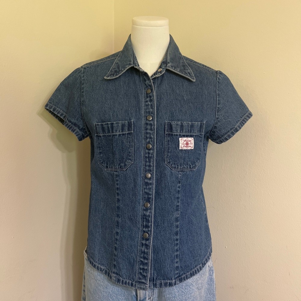 Arizona Jean Company Women Medium Denim Shirt Short Sleeve Button Up Blue Cotton