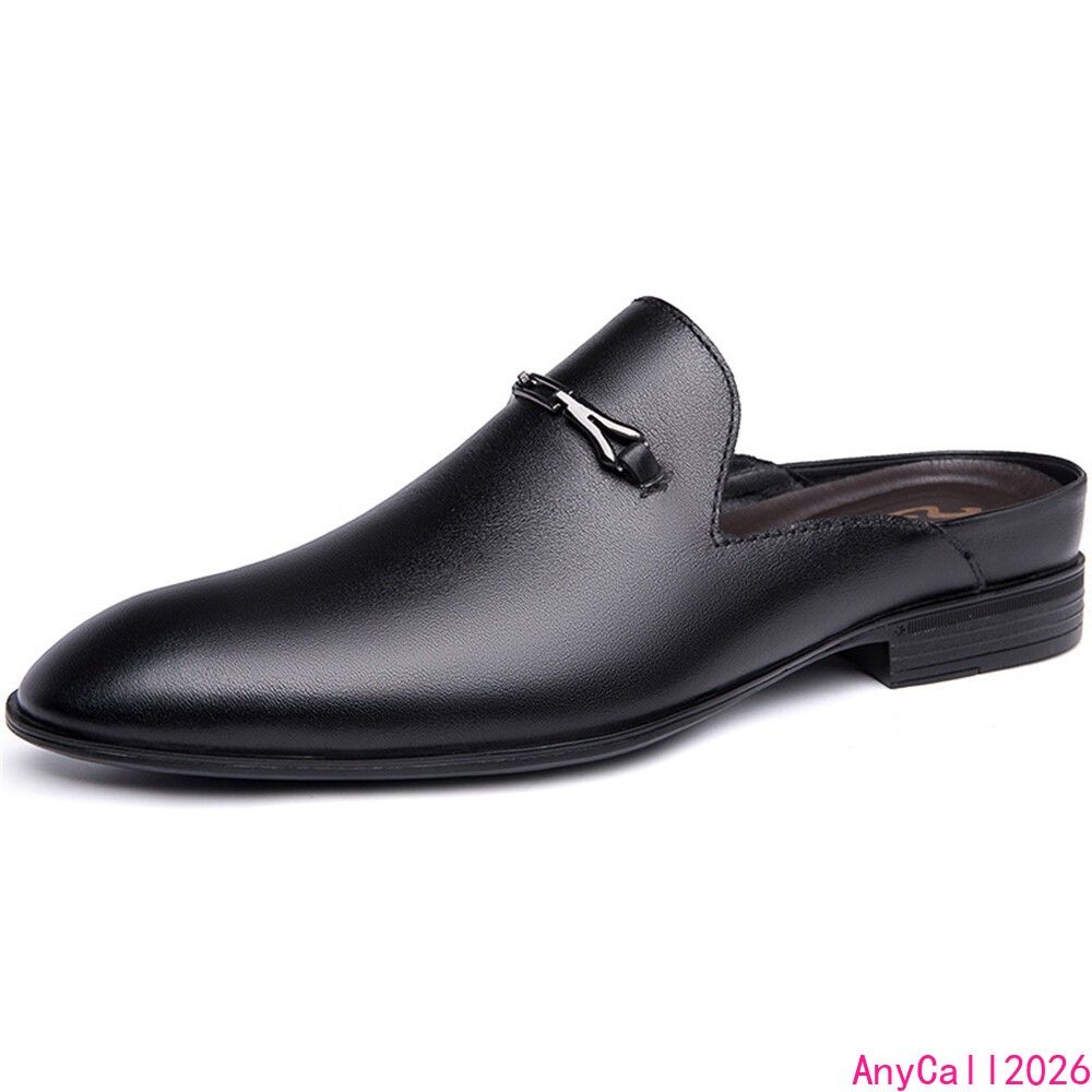 Men's Backless Loafers Black Genuine Leather Mules Slippers Slip on Shoes