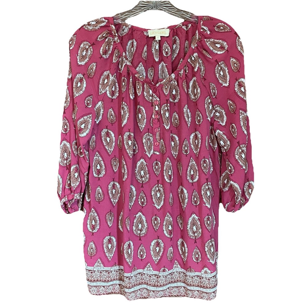Lucy + Laurel Womens Small Pink Boho Peasant Blouse Tunic 3/4 Sleeve Breezy Cute Top