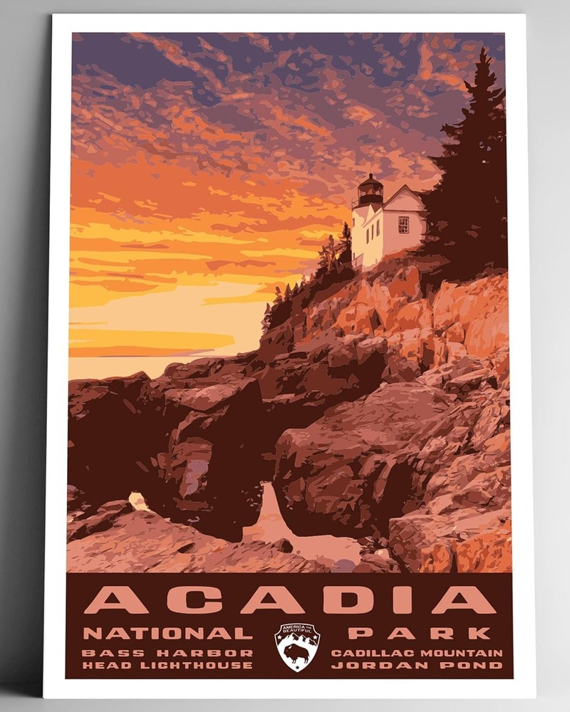 Acadia National Park Vintage Travel Poster Bass Harbor Lighthouse Art-image