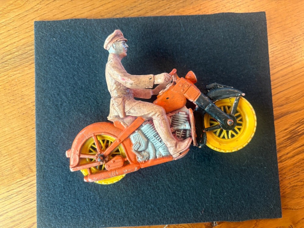 Auburn Rubber Co. 1950s Vintage Police Motorcycle Toy Red With Yellow Tires