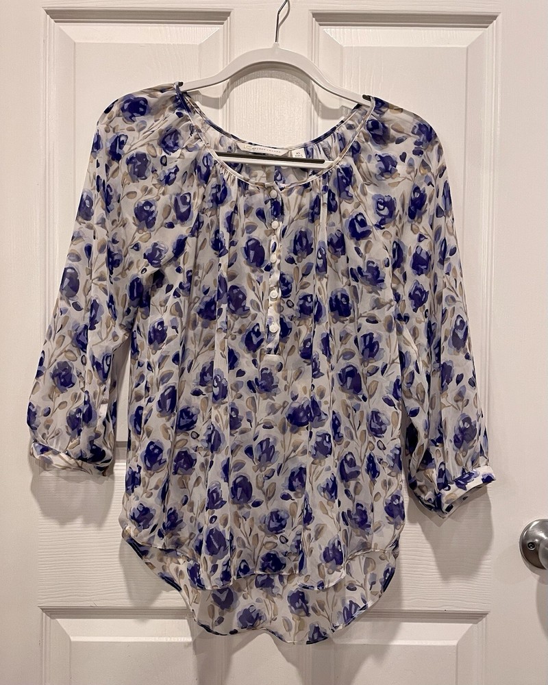 LC Lauren Conrad Sheer Floral 3/4 Peasant Sleeve 1/2 Button Blouse White Blue XS
