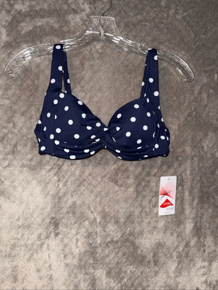 Lands end Navy & White Polka dot Bikini Top underwire bra size 2 NEW