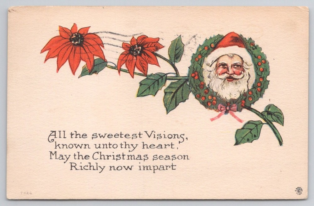 Vintage Santa Claus Poinsettia Christmas Postcard Brooklyn Postmark 1910s