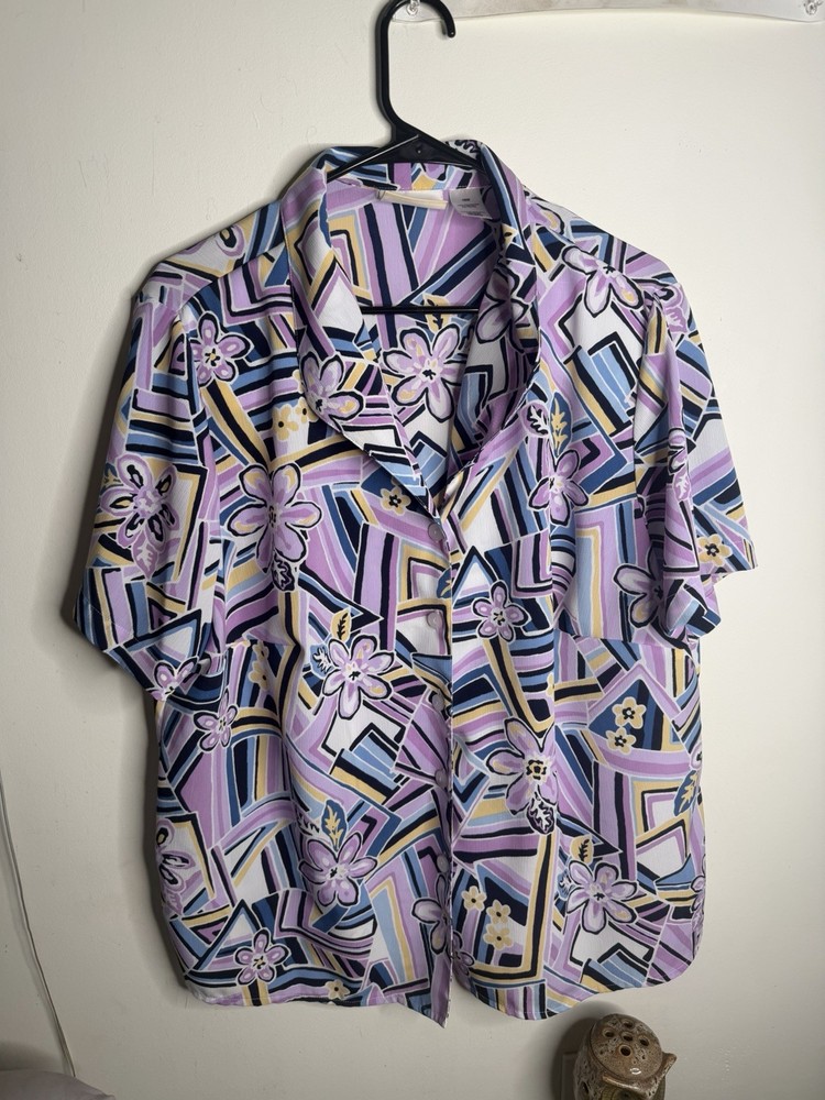 Alfred Dunner Button-Up Blouse 16W Short Sleeve Collared Floral Purple Chiffon