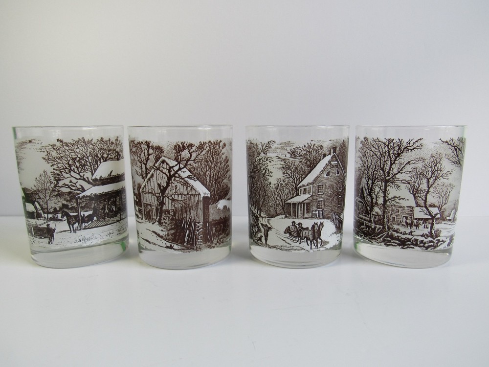 Vintage Currier and Ives Brown Double Glass The Old Homestead Set Of 4