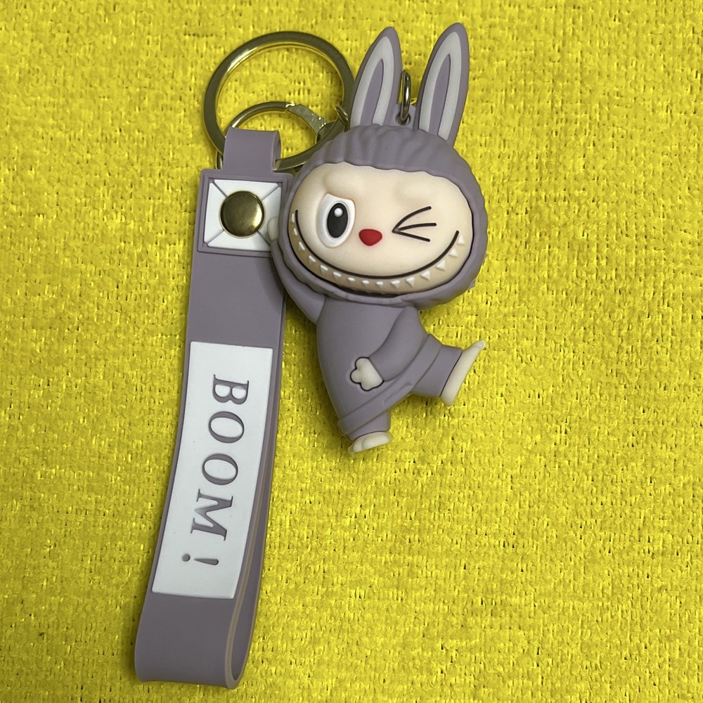 Purple Cartoon Bunny Keychain with BOOM Strap, Detachable Keyring, Plastic