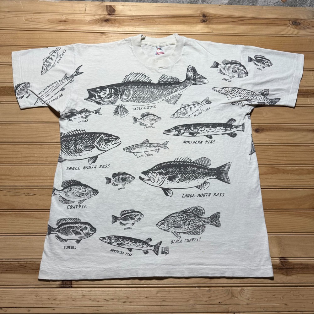 Vintage 1992 Fish Species Freshwater All Over Print Graphic T-Shirt USA Made XL