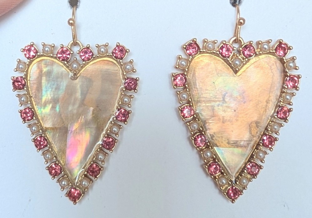 Vintage Gold Tone Heart Dangle Earrings Iridescent Shell Pink Rhinestones Pearl