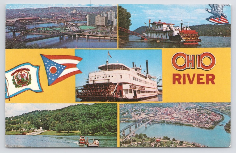 Transportation~5 Views of Boats & Bridges of Ohio River~Vintage Postcard