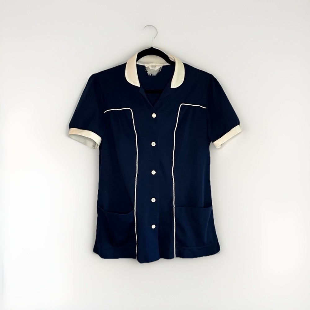 Vintage Sears Women’s Uniform Top Blue White Trim Button Shirt USA Size M/L*