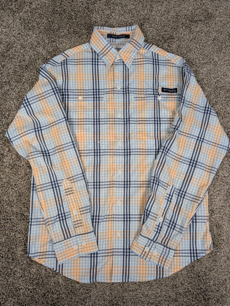 Columbia PFG Super Tamiami Men's S Button Up Shirt Long Sleeve Orange Blue