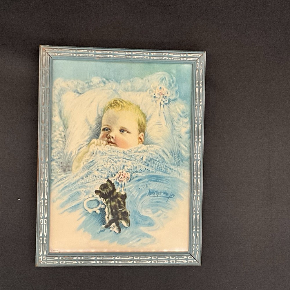 Vintage Framed Print Baby with Kitten Signed Harry Roseland 24 Nursery Decor