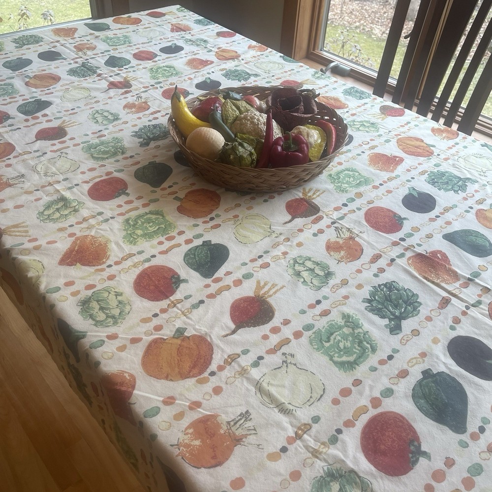 Vintage Crate & Barrel Vegetable Print Tablecloth 60x86 Cotton Harvest Fall