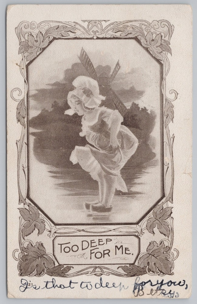 Greetings~Too Deep~Girl in Wooden Shoes Beside Windmill~Vintage Postcard