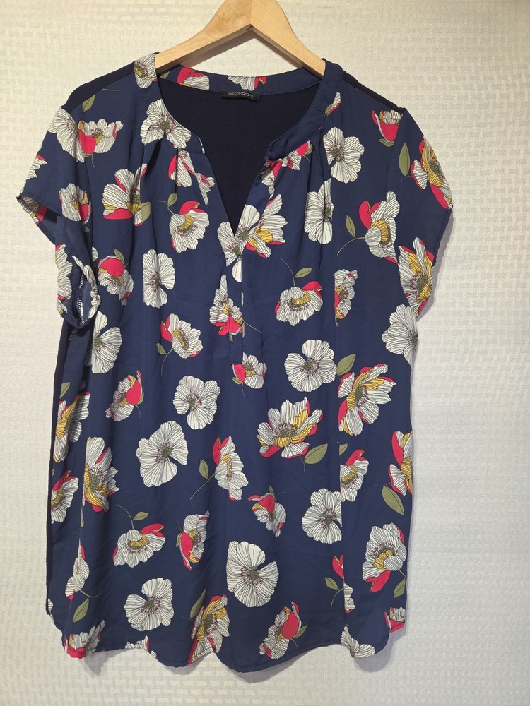 Papermoon Floral Blouse Top 1X Navy Mixed Media Short Sleeve Scoop Hem Tunic