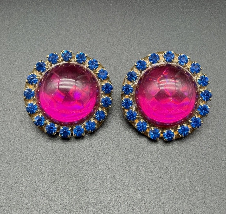 Vintage Large Pink Cab Rhinestone Earrings Vintage Ab Glass Clip On unique prong