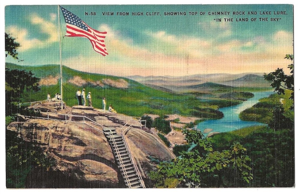 Western North Carolina c1940's High Cliff, Chimney Rock, Lake Lure, U. S. flag