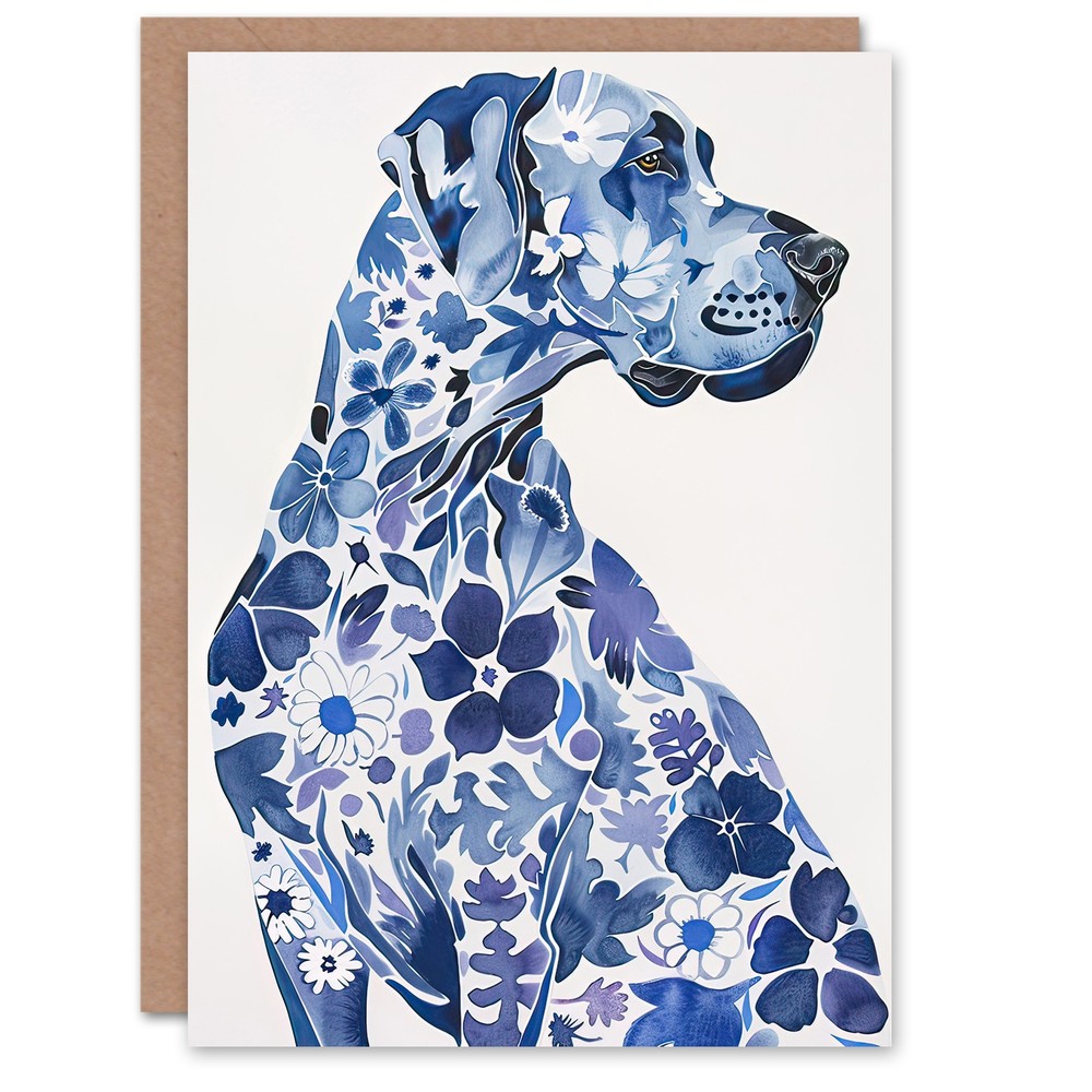 Greeting Card Floral Great Dane Blue Dog Lover Pet Portrait Birthday