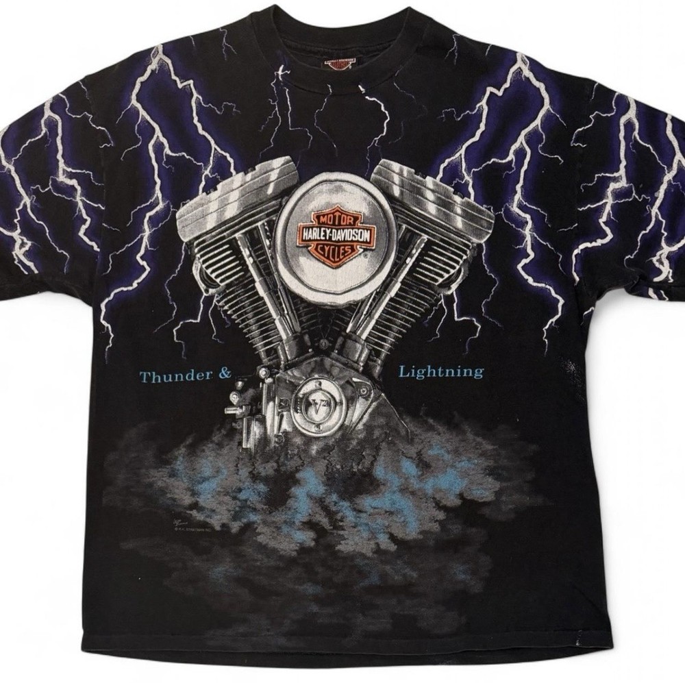 Vintage 90s Harley Davidson Black Lightning And Thunder Single-stitch Tshirt