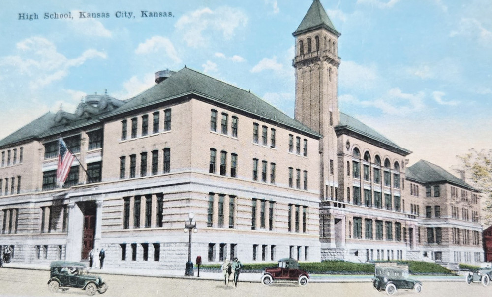 1923 Postcard Kansas City Kansas KS High School Wyandotte County Old Cars