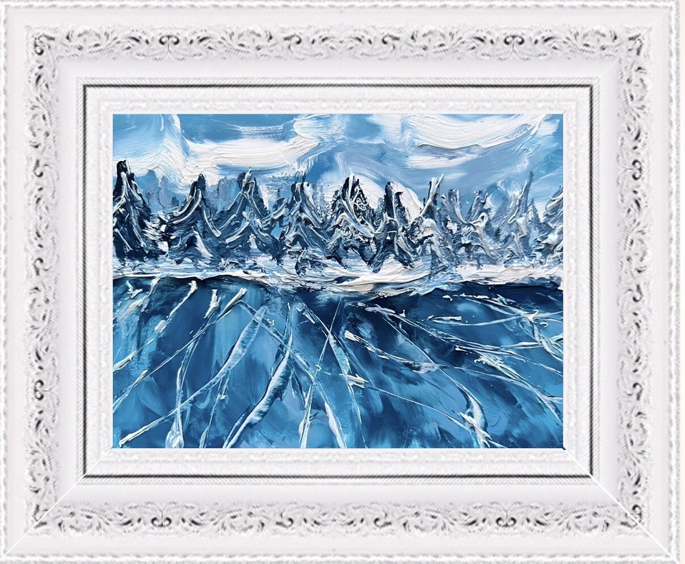 Framed Blue Ice surface cracks Frozen Skating Pond Icy Blue Lake Oil Paitning