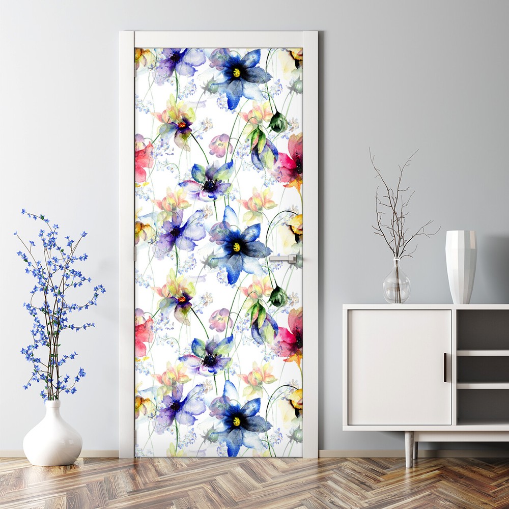 Colorful blue and green summer flowers self-adhesive door decal