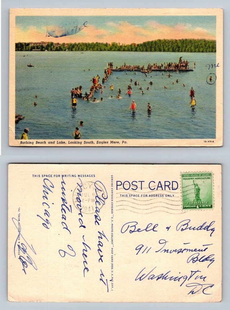 Eagles Mere, PA-Pennsylvania, Bathing Beach Lake South Vintage c1941 Postcard