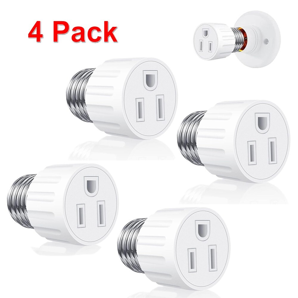 4Pcs E26/E27 Screw Socket to Plug Adapter 2/3 Prong Light Bulb Outlet Adapter