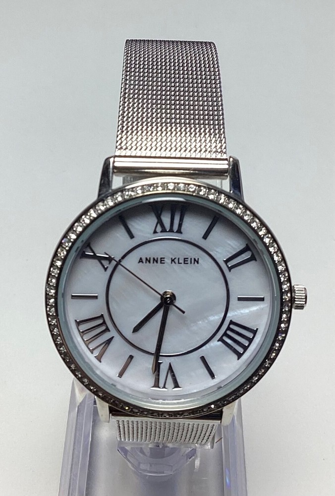 Anne Klein Womens Watch Silver Tone Mesh Bracelet MOP Dial Gemmed New Battery