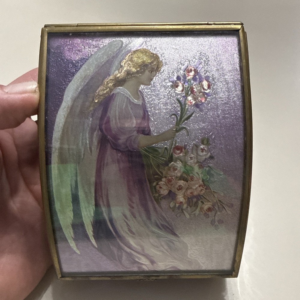Vtg Cathey Collection Brass Gaurdian Angel Stained Glass Trinket Box Via Vermont