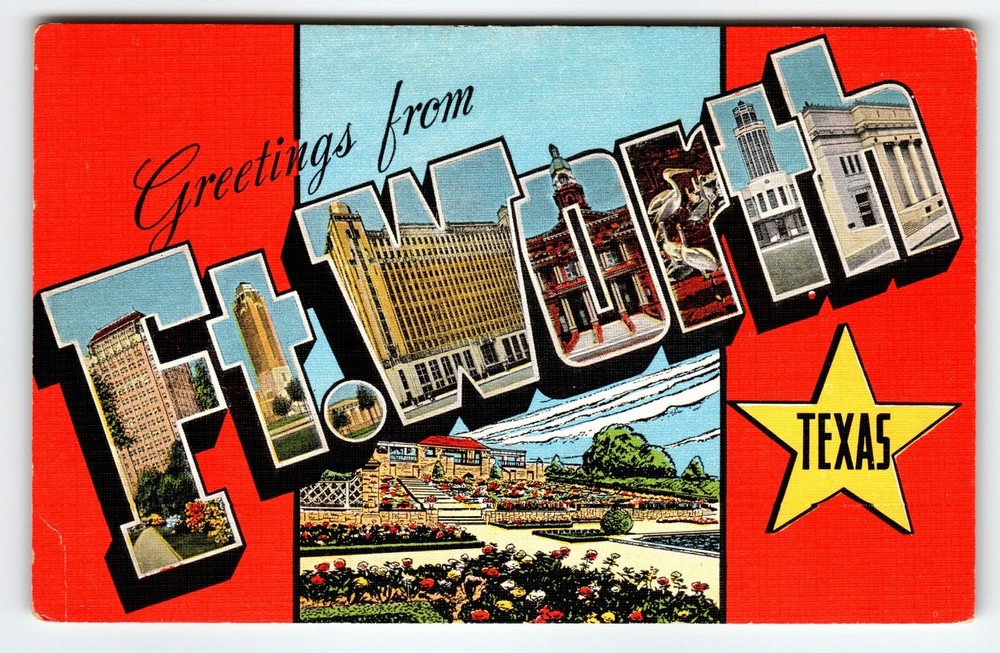 Greetings From Fort Worth Texas Big Large Letter Linen Postcard Unused Kropp