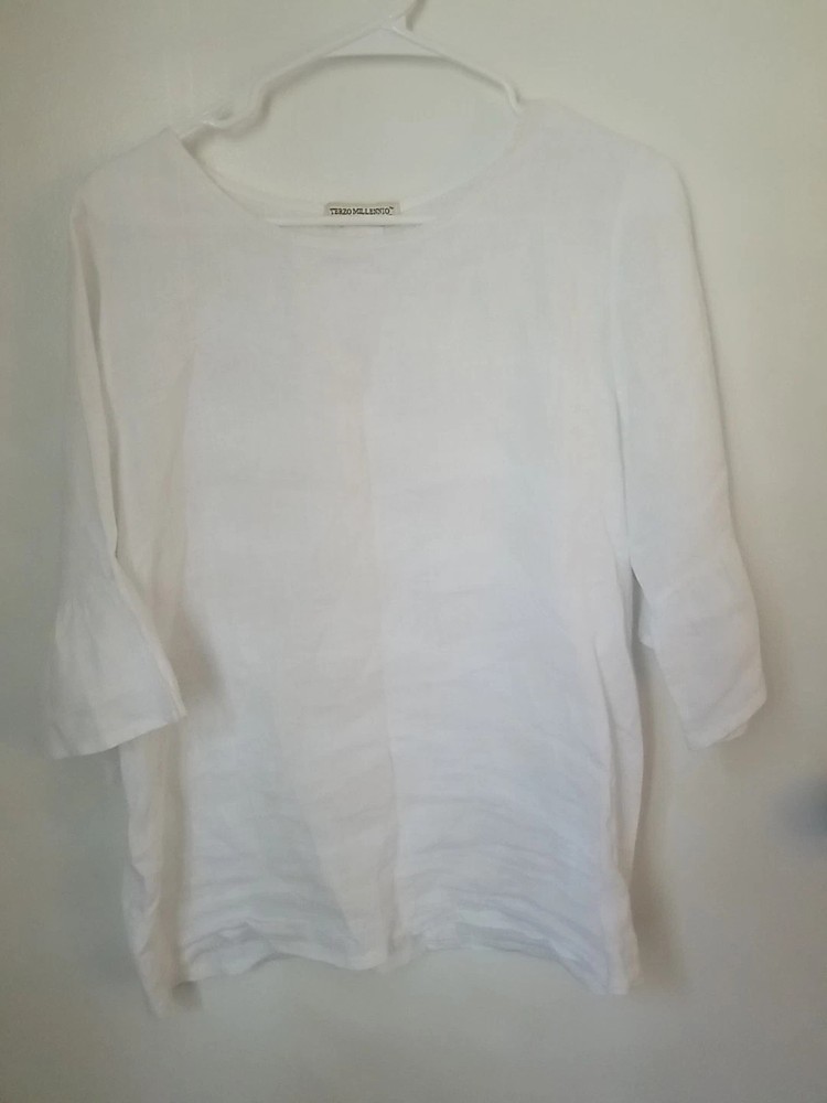Terzo Millennio Top Made Italy Women's 100% Linen White Blouse Button Back Sz L