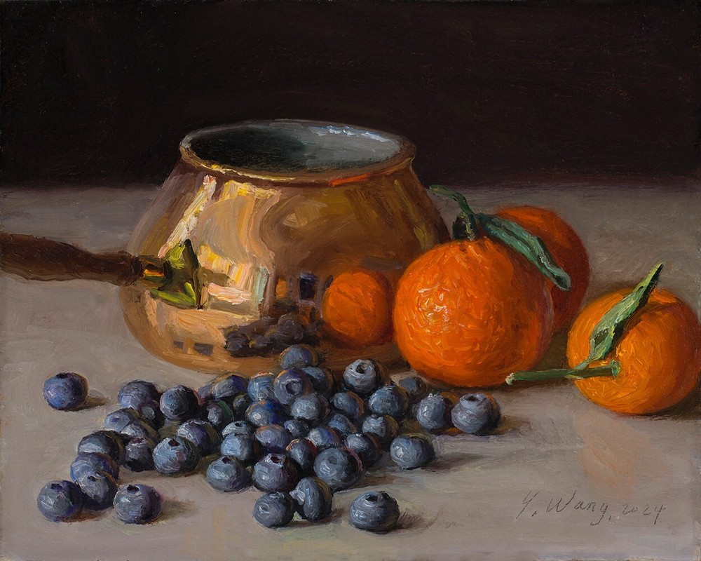 blueberries, oranges copper pot, giclee prints of my painting Wang Fine Art
