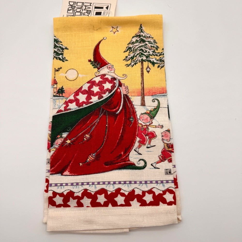 Mary Engelbreit Magic of Christmas Linen Towel Santa Elves Kitchen Holiday Decor