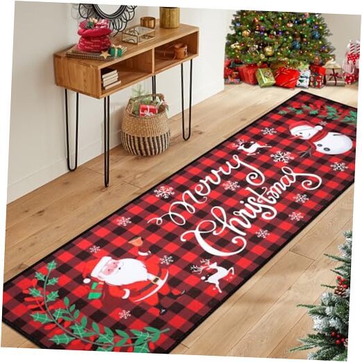 Christmas Runner Rug for Hallways Non Slip Buffalo Plaid Santa Claus 2'x8'