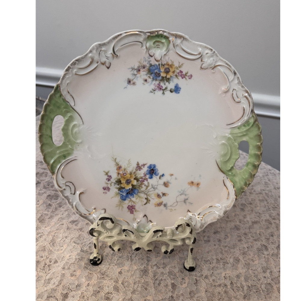 Antique Porcelain Handled Cake Plate Floral Scalloped Green Gold Trim Vintage