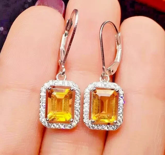 2CT Emerald Cut Simulated Citrine Drop Dangle Earrings 14K White Gold Plated