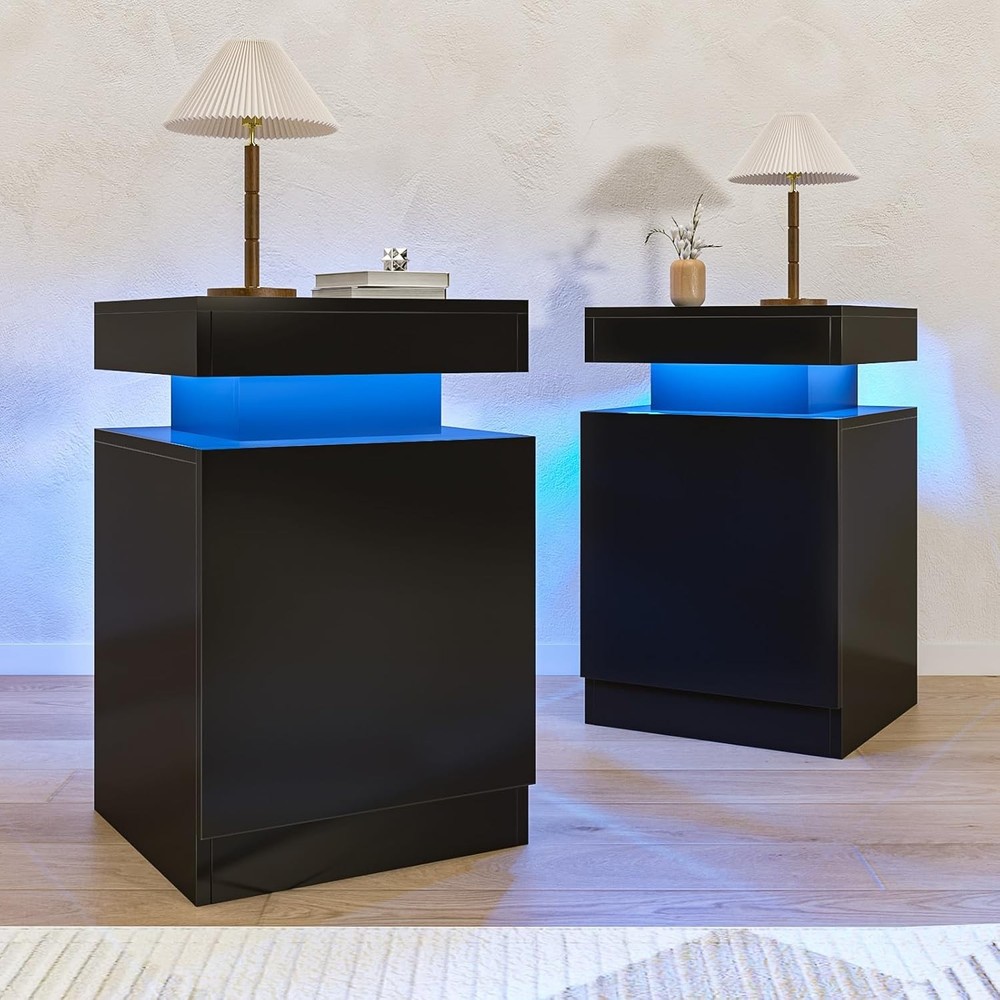 Nightstands Set 2, 15 Inches LED Night Stand Set of 2, Modern Bedside Table with