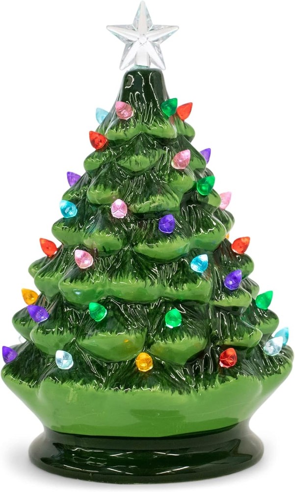 Raz Imports Vintage Green Lighted Ceramic Christmas Tree with Timer 8 Inch