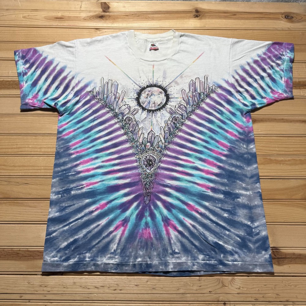 Vintage 90s Tie Dye Hyper V Crystals Abstract Graphic T-Shirt USA Made - Size XL-image